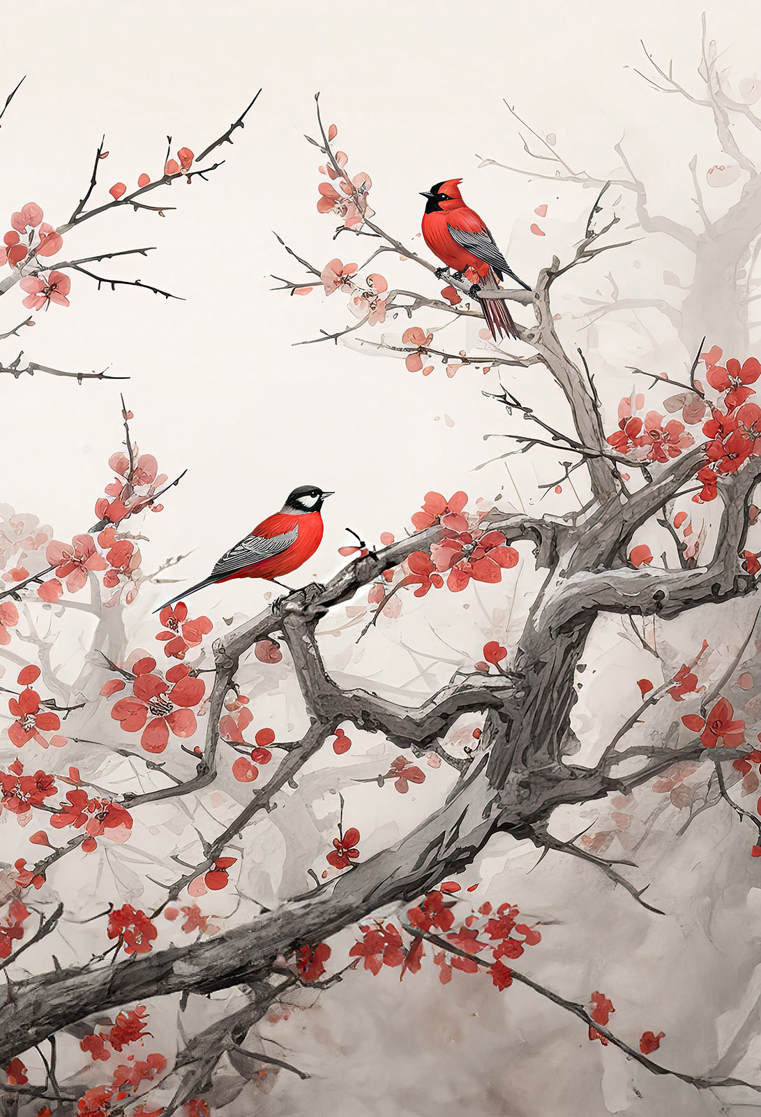 Tapeten Set mit zwei Bahnen: Tuschezeichnung mit Kirschblüten und Vögeln