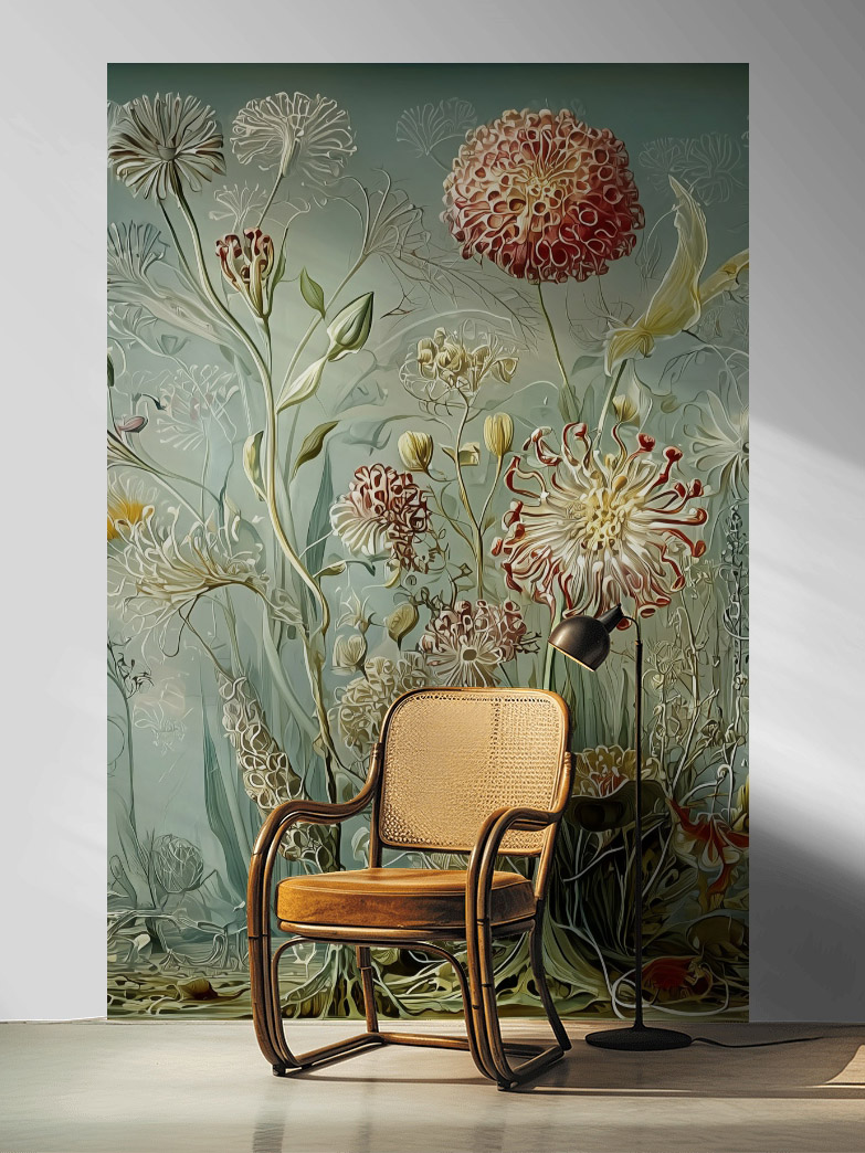 Raumansicht einer Blumentapete mit Gräsern & Roboterobjekten nach Hernst Haeckel