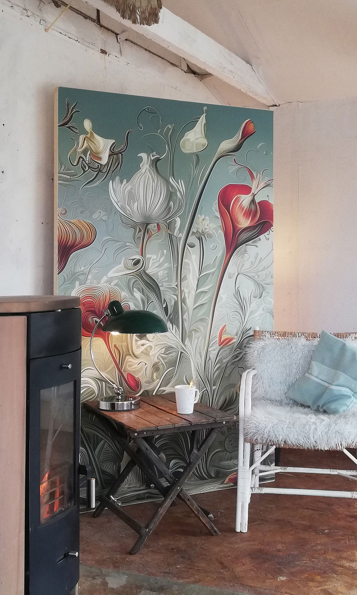 Stellwand mit Tapete. Fantasieblumen nach Hernst Haeckel