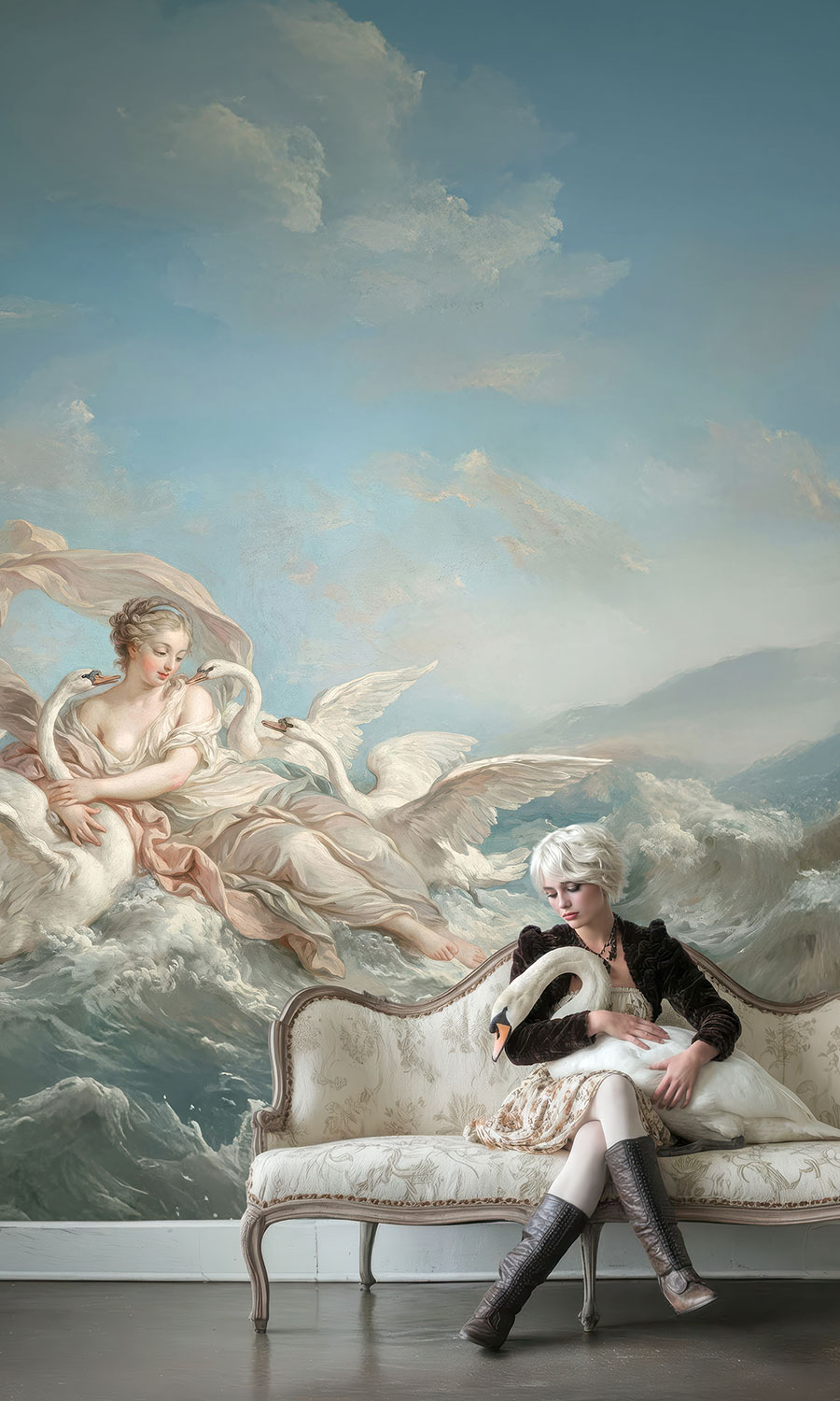 Dame auf Sofa mit Schwanen Tapete