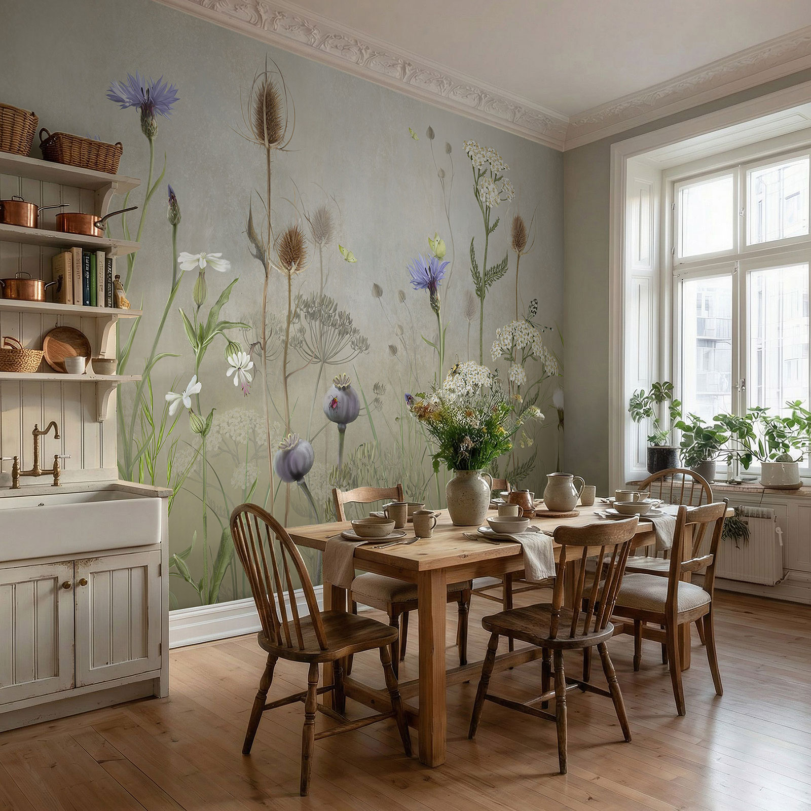 Raumansicht einer Küche im Altbau mit Wildkräuter Tapete